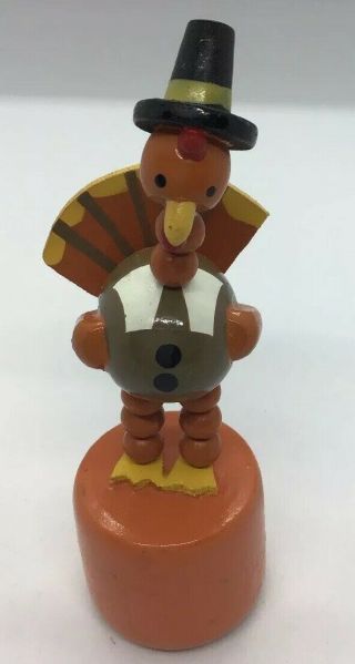 Wooden Turkey Pilgrim - Collapsible Push Button Toy