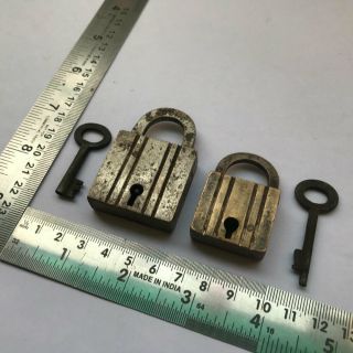 Old Antique Solid Brass And Copper Padlock Lock With Key Real Miniature Pair