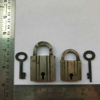 Old antique solid brass and copper padlock lock with key real Miniature PAIR 2
