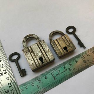 Old antique solid brass and copper padlock lock with key real Miniature PAIR 3