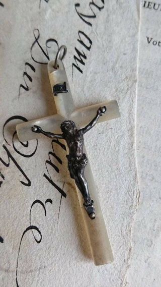 Lge Antique French Mother Of Pearl Crucifix Cross 19th Century