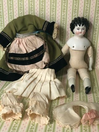 Rare Antique 1880’s Black Hair Curly Top China Head 10” Doll With Antique Dress