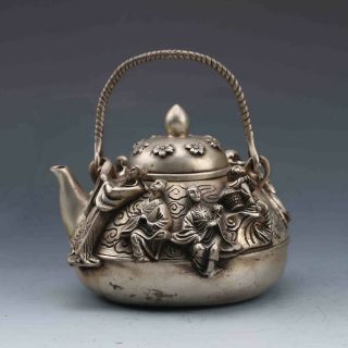 Delicate Chinese Silver Copper Handwork Carved Eight Immortals Teapot