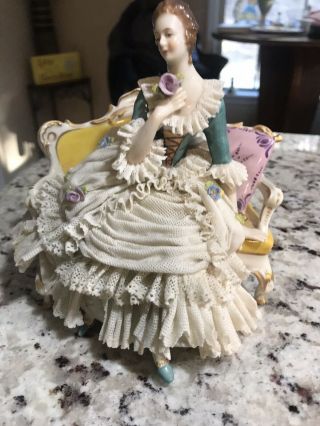 Antique Dresden Lace Lady On Sofa Marked Porcelain Figurine
