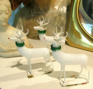 Set Of 3 Vintage White German Blown Glass Reindeer W/ Green Tinsel Collars