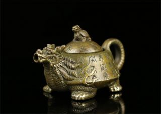 Chinese Old Brass Statue Dragon Turtle Tortoise Teapot Wine Pot Flagon Statue Rn