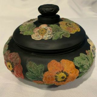 Vintage Tiffin Satin Art Glass Dish & Lid,  Floral Coralene,  7 1/4 " X 4 1/2 "