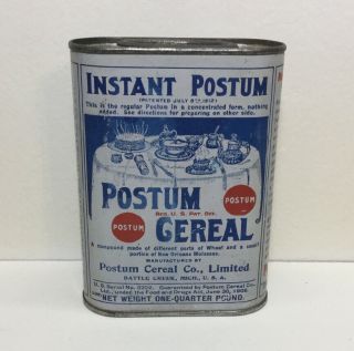 Vintage Instant Postum Cereal Advertising Tin One - Quarter Pound
