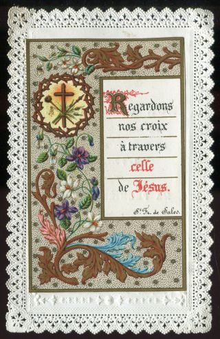 Antique Lace Holy Card Colour Cross Dated 1884