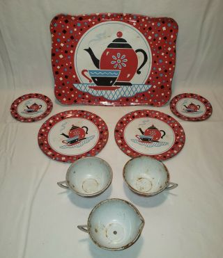 Vintage Ohio Art 8 Piece Tin Litho Confetti Tea Set