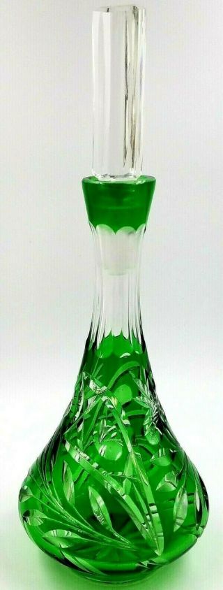 Vintage Czech Bohemian Green Cut To Clear 15 " Tall Crystal Decanter With Stopper