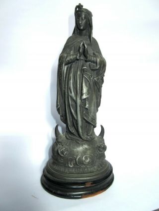 Antique/vintage Statue Of The Virgin Mary.  Metal With Wooden Base