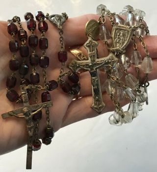 Vintage 2 Rosary Glass Beads One Clear And Second Red Crystal Catholic 1