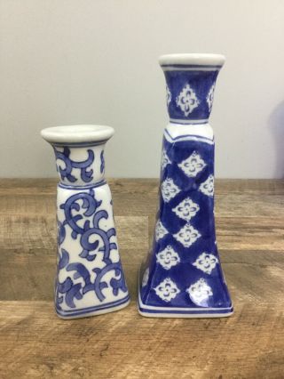 Ceramic Taper Candle Holders Blue White Vintage Silvestri Handcrafted