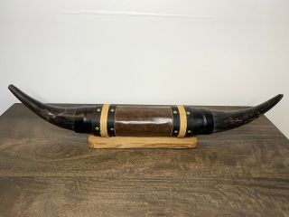 Mounted 24 " Steer Horns Leather & Rope Wrapped On Wooden Base