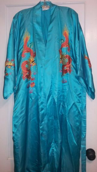 Golden Dragon 100 Silk Kimono Robe Hand Embroidered Dragon Light Blue Size Med