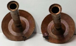 Vintage arts and crafts hammered copper candlesticks,  pair 8 
