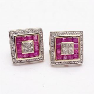 Vintage Solid 9ct Gold Ruby And Diamond Set Cube Square Ladies Earrings
