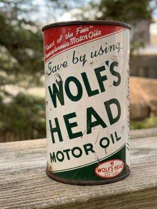 Vintage 1950 ' s Wolf ' s Head Motor Oil Coin Bank Metal Oil Can Gas Sign 3