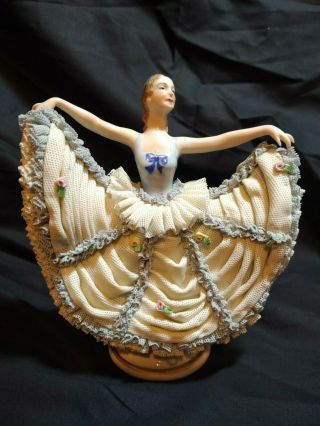 Antique Muller & Volkstedt Dresden Porcelain Lace Figurine W/ Blue & White Dress