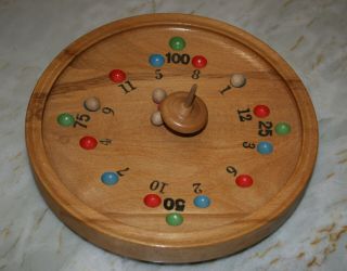 Vintage Wood Spinning Top Game.  German Roulette Table Game With Wooden Marbles