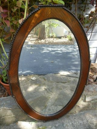 Unique Older Large Pretty Semi - Oval Oak Frame W/beaded Trim Mirror F/england