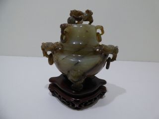 Antique Chinese Carved Jade Stone Lion Dragon Figural Lidded Tripod Censer Vase