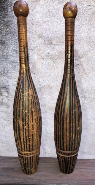 Antique Pair (2) Indian Clubs 22 Inch Wooden Juggling Pins 2lbs Stamped Usa