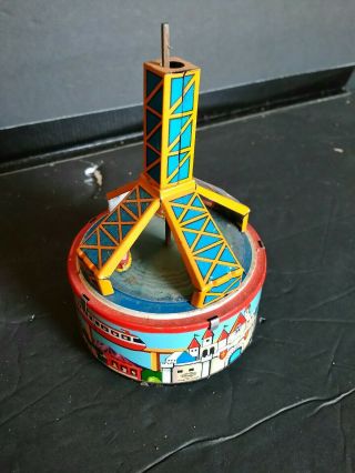 Vintage Tin Litho Wind Up Toy Carnival Merry Go Round Japan Yone.  Missing Top