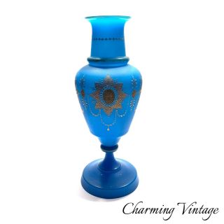 Antique Estate French Blue Opaline Glass Gold Gilt Jeweled Vase