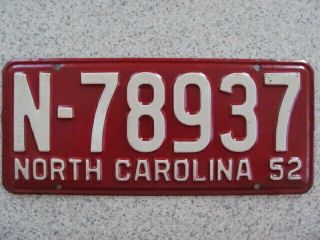 1952 North Carolina Nc License Plate Tag,  Vintage,  N - 78937,  Rare