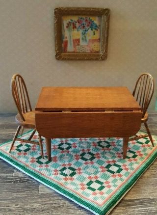 Dollhouse Miniature Vintage Wood Drop Leaf Table,  Two Chairs,  Signed