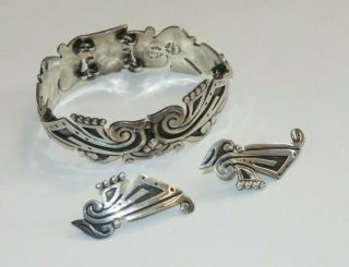 Vintage Sterling Silver Taxco Mexico Bracelet Earrings Jewelry Set (bb519)