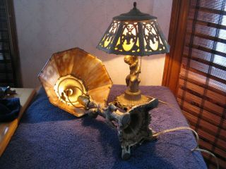 Two Antique C1920s Brass And Slag Glass Cherub Lamps