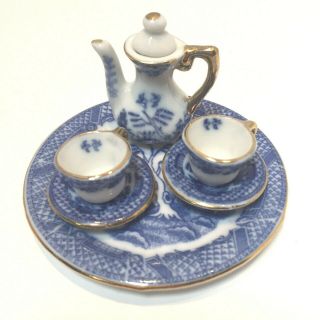 Mini Blue Willow Tea Set Porcelain 7 Piece Set Child 