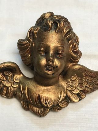 Vintage Pair 4 1/4” Wood Hand Carved Angel Cherub Putto Head Figurine Italy