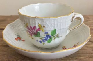 Antique 19thc Meissen Porcelain Teacup And Deep Saucer Painted Flowers Pink