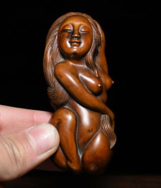 Old Chinese Folk Boxwood Wood Carving Woman Belle Statue Figurine Hand Piece