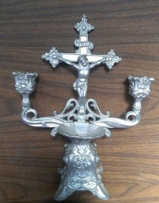 Vintage Catholic Holy Water Font With Crucifx And Candle Holders