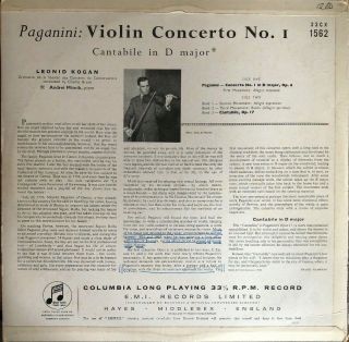 PAGANINI Violin Concerto 1 LEONID KOGAN COLUMBIA 33CX 1562 M - 2