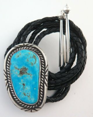 Large Vintage Sterling Silver With Sky Blue Turquoise Bolo Tie