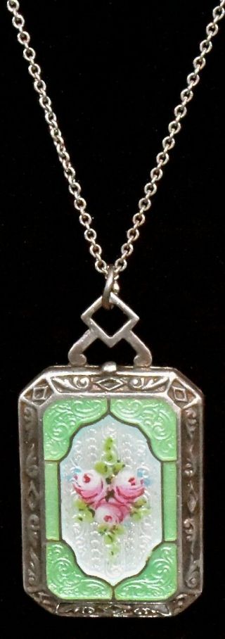 Absolutely Gorgeous Antique Art Deco Sterling Enamel Guilloche Locket Necklace