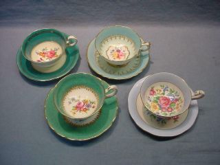 4 English Teacups & Saucers - Aynsley,  Queen Anne,  Grosvenor,  Paragon