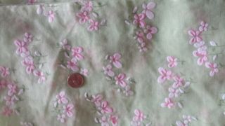 Vintage Flocked Fabric Semi Sheer Floral Light Green Pink White 44 X 88 Inches