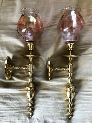 Vintage Brass Made In India Wall Sconce Pair Candle Holders W/globes