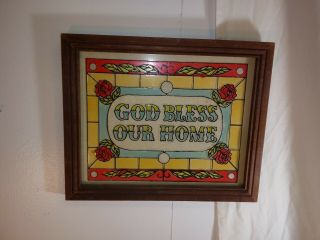 Vintage Framed 9 X 11 Stained Glass God Bless Our Home Wall Plaque Hanging Sign