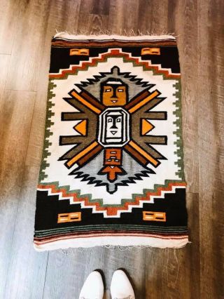 Small Vintage Woven Totem Pole Navajo Indian Style Textile Rug Or Wall Hanging