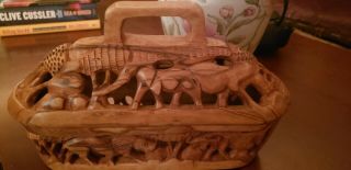 Vintage African Olive Wood Carved Animals Motif Basket And Lid