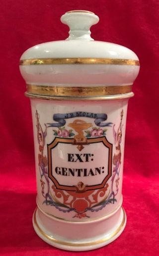 Vintage Old French Porcelain Pharmacy Apothecary Jar Ext: Gentian: