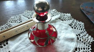 Antique Art Deco Noveau Ruby Red Perfume Sterling Silver Overlay Glass Bottle